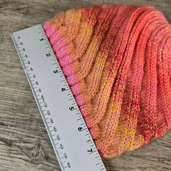 Handmade Knit Hat Pink & Orange Sunset Swirl Design Warm Winter Cap Wool Blend - Picture 6 of 7